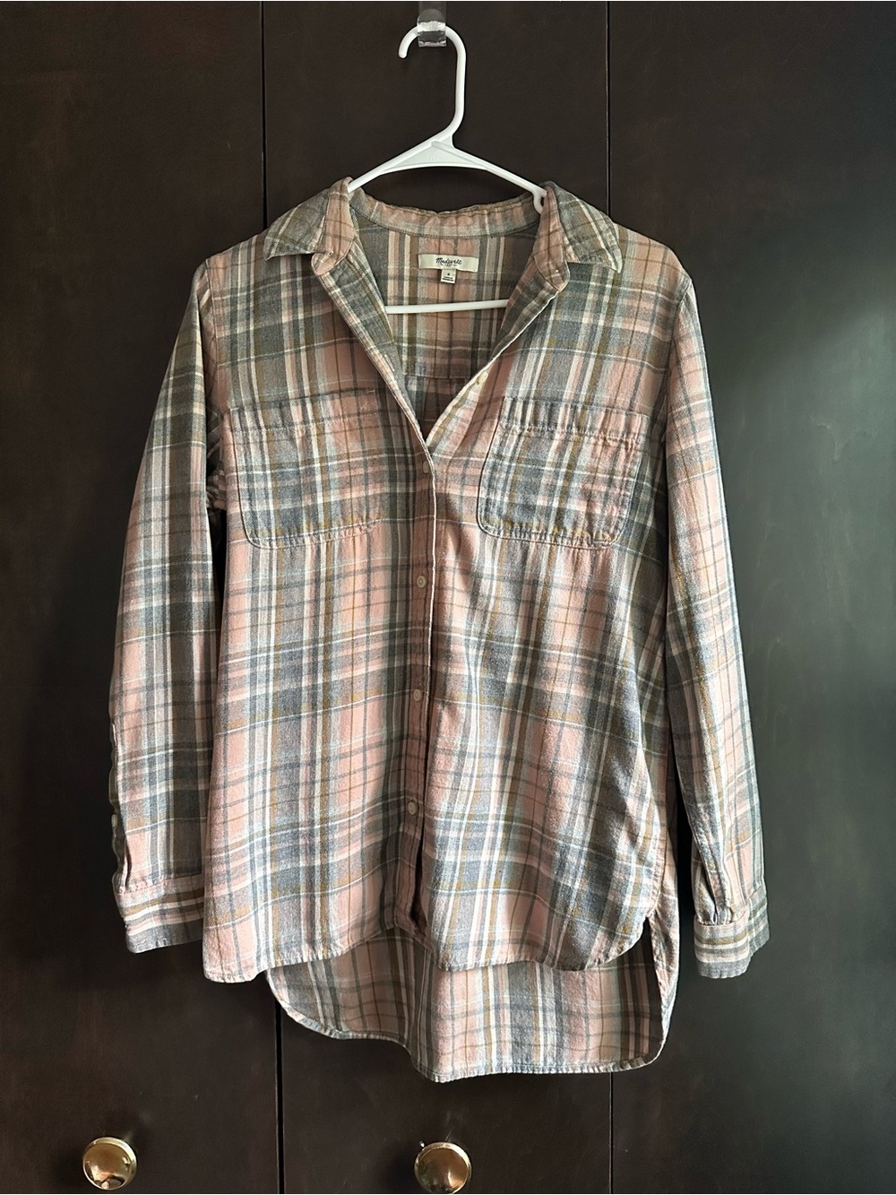 Madewell Pink and Gray Plaid Button-Down Flannel